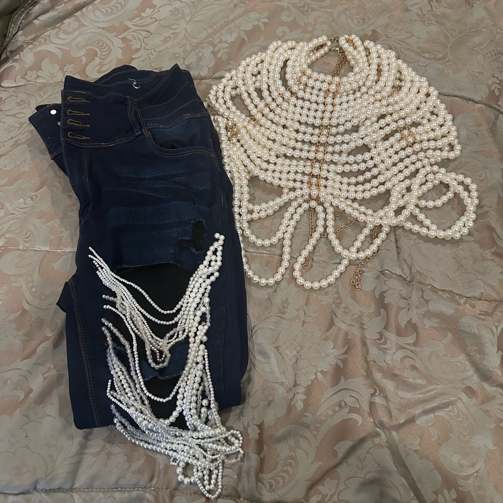 Dark Blue Jeans Pearl Fringe with matching Pearl top